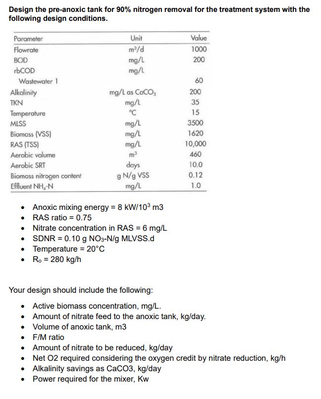 Design the pre - anoxic tank for 9 0 % nitrogen