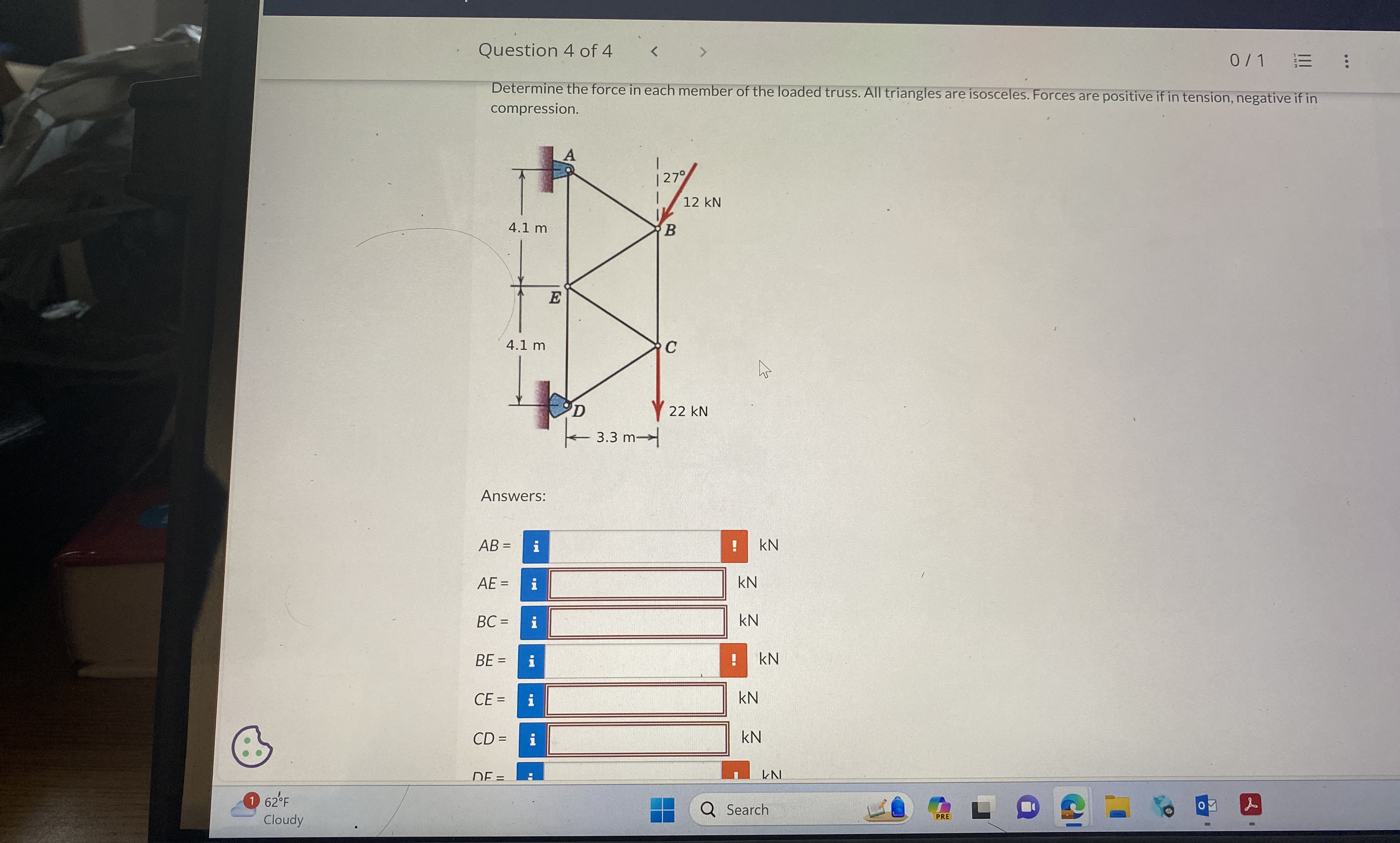 Determine the force in each member of the loaded
