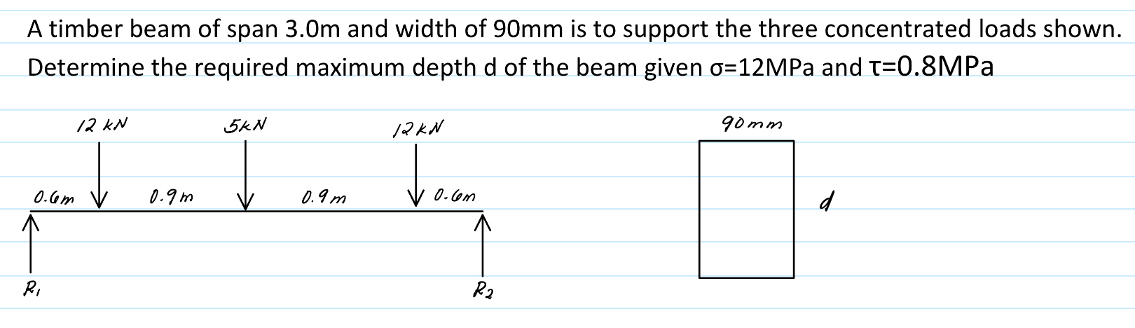 A timber beam of span 3 . 0 m and width of 9 0 m