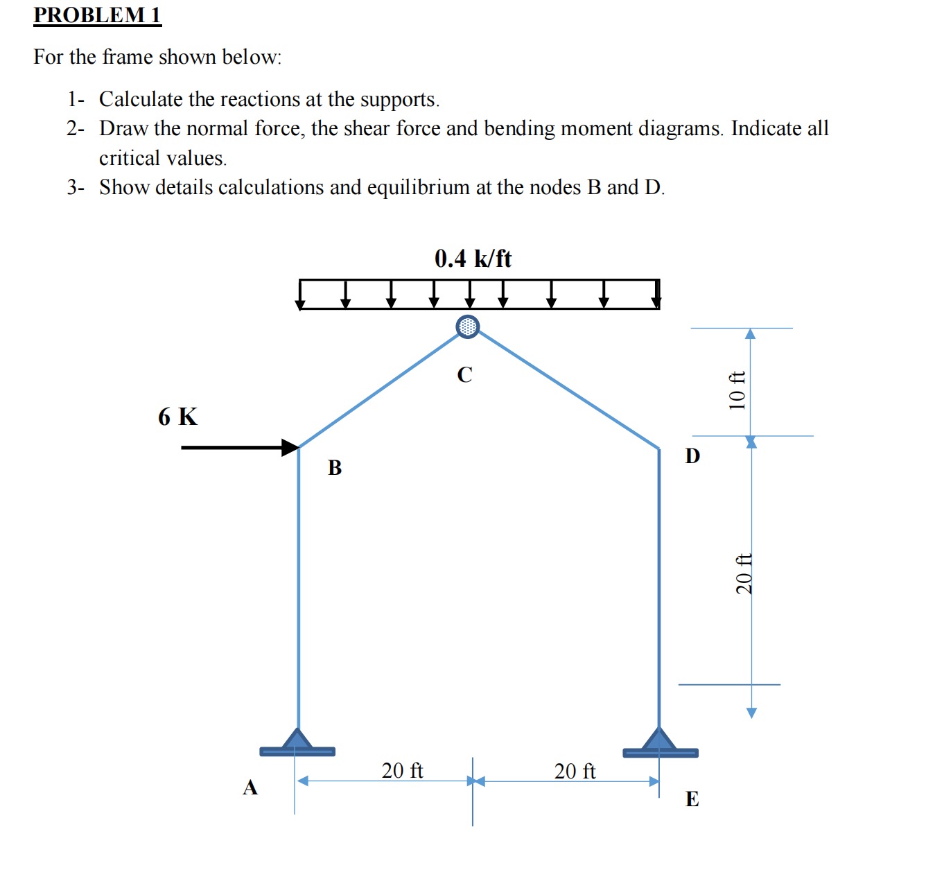 PROBLEM 1 For the frame shown below: 1 -