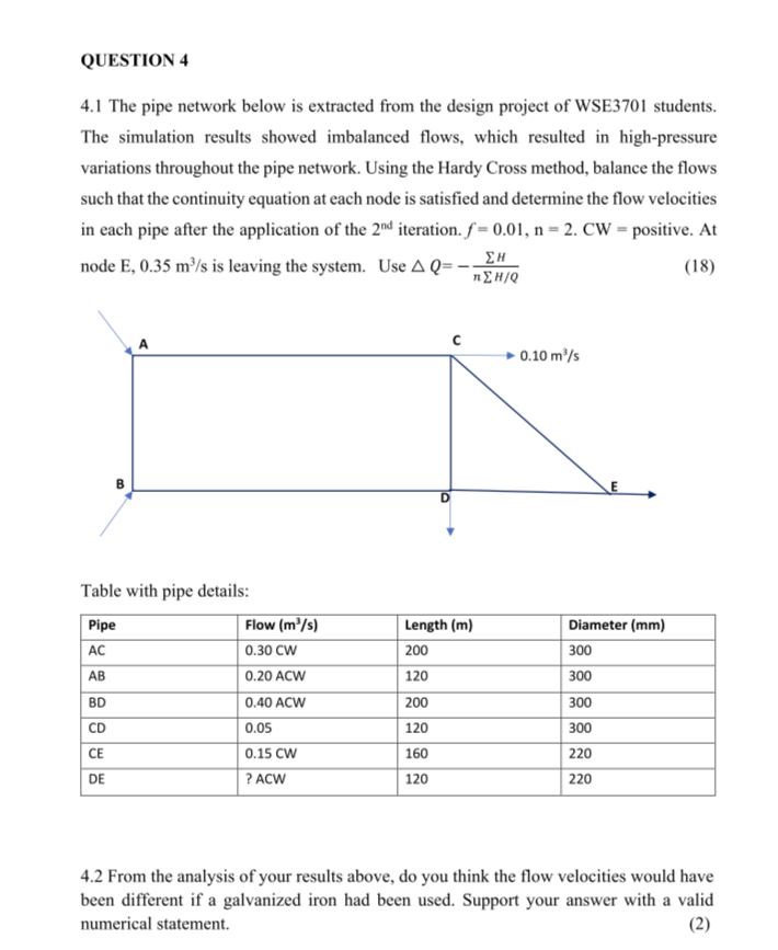 QUESTION 4 4 . 1 The pipe network below is