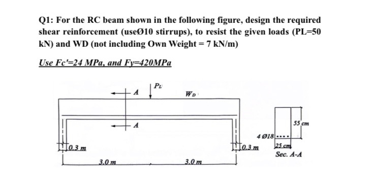 Q 1 : For the R C beam shown in the following