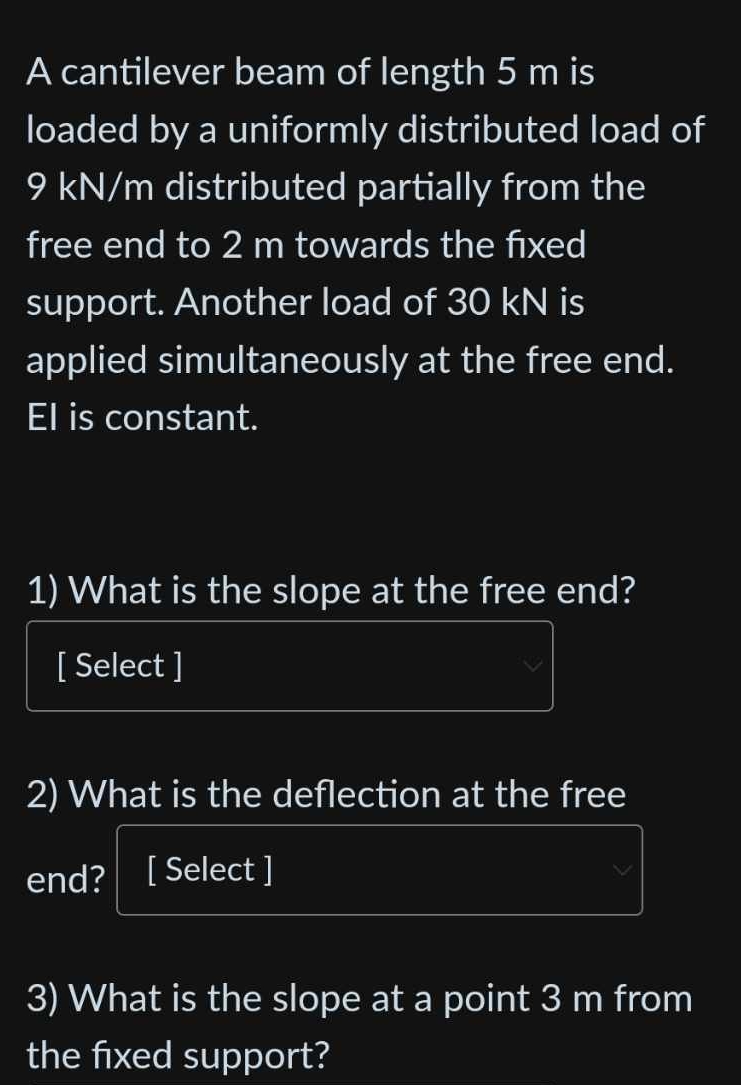 A cantilever beam of length 5 m is loaded by a