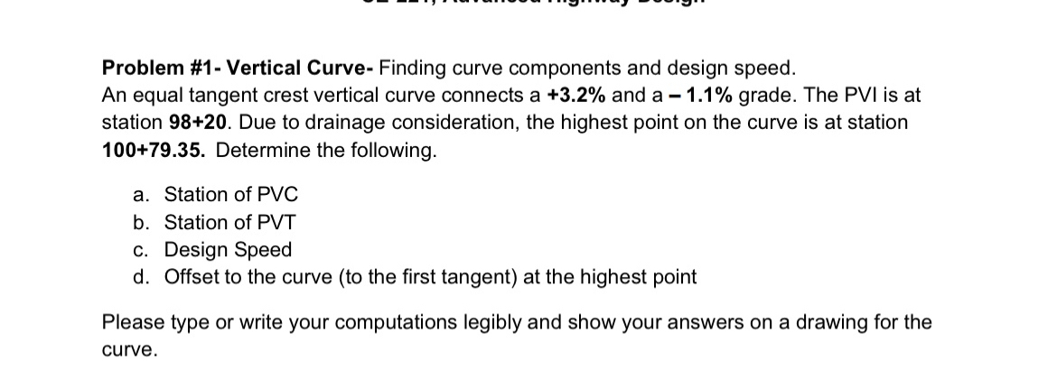 Problem # 1 - Vertical Curve - Finding curve