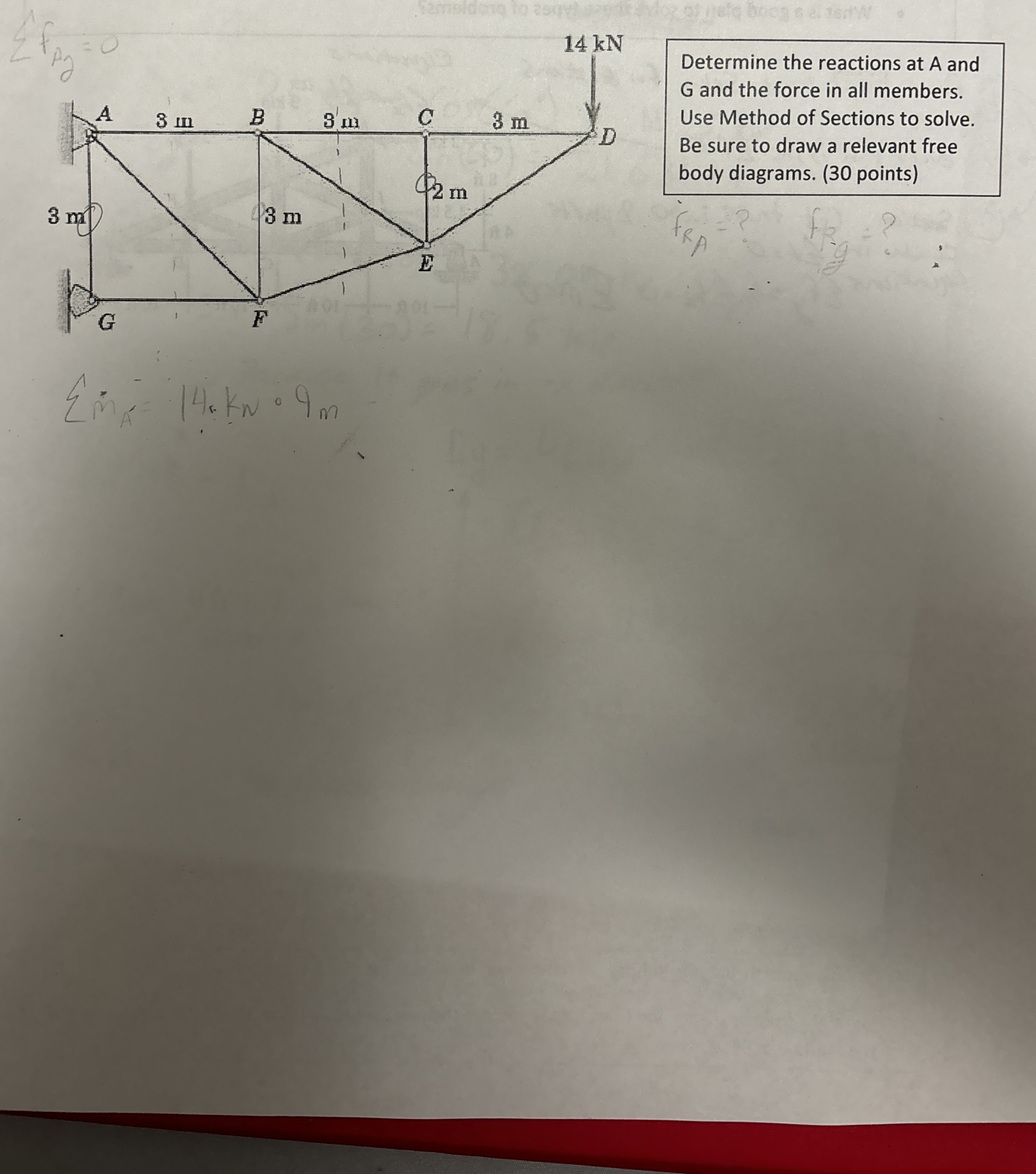 Determine the reactions at A and G and the force