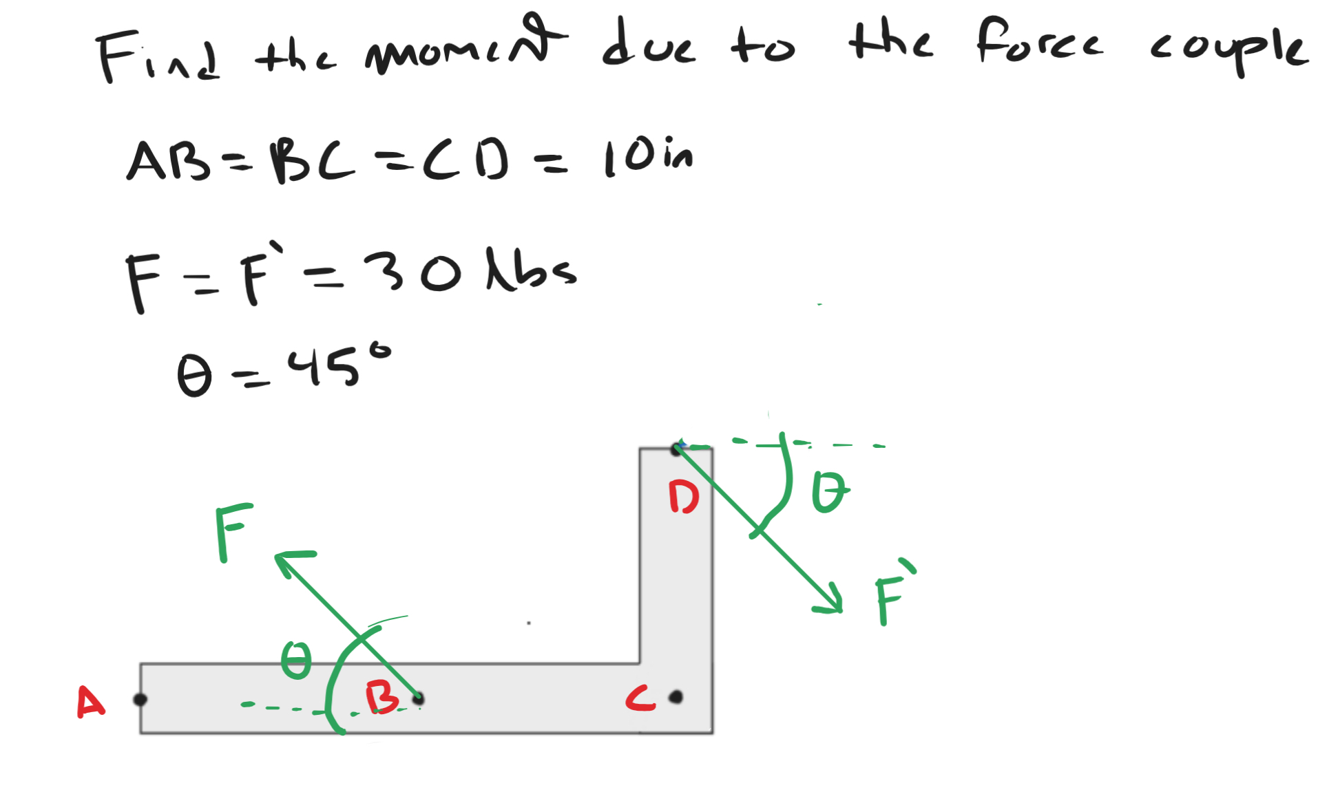 Find the moment due to the force couple A B = B C
