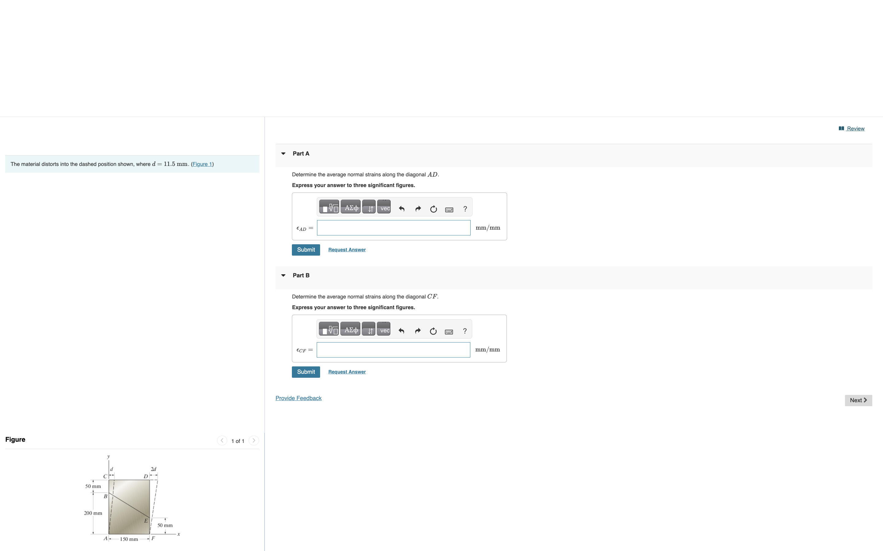 Determine the average normal strains along the