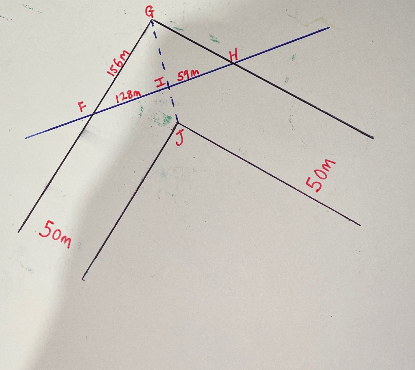 - Bearing from F - H is 5 3 degrees - Road 5 0 m