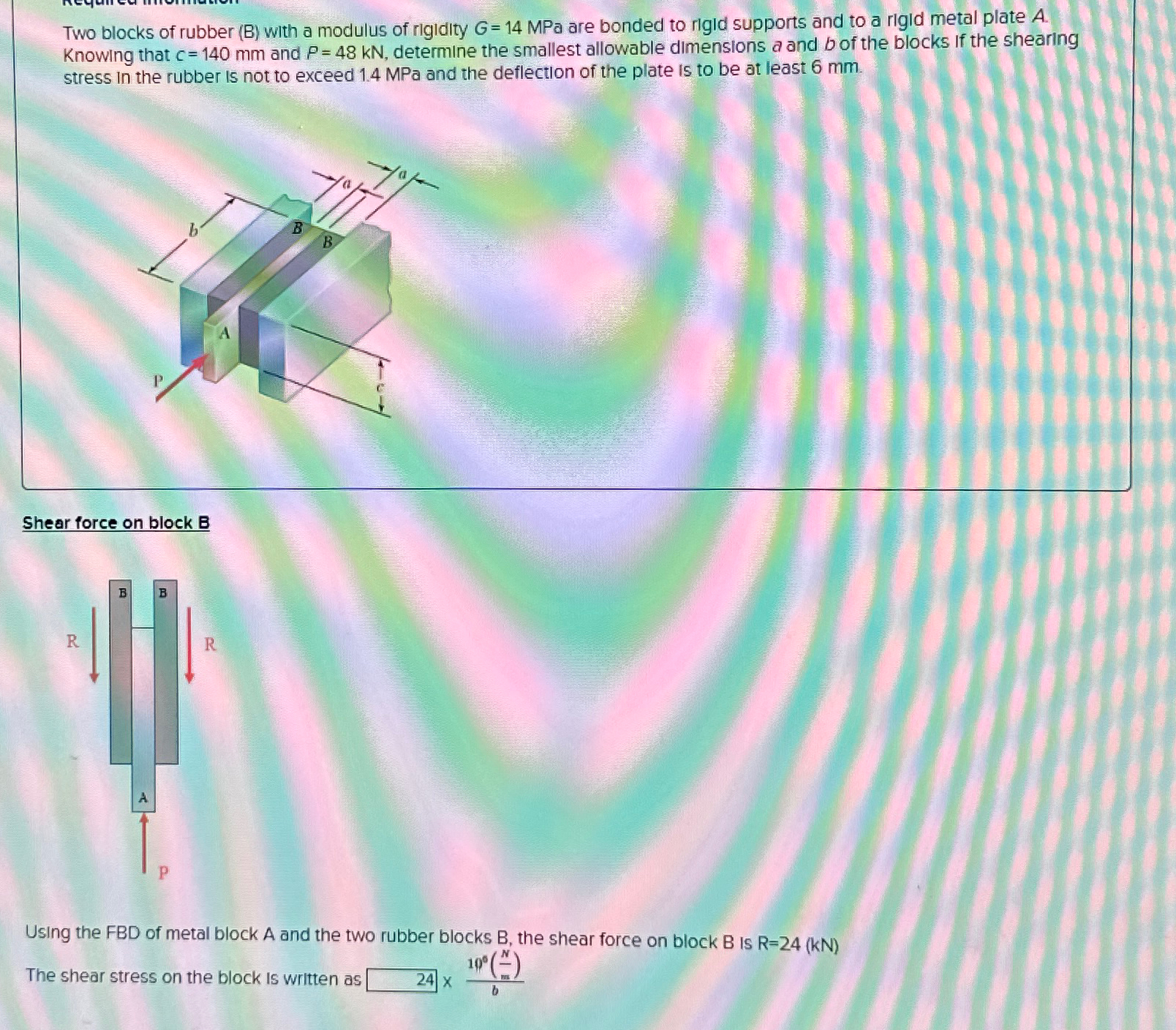 The shear stress on the block is written as what