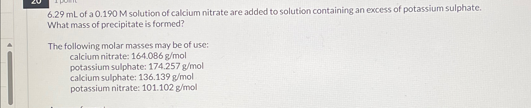 6.29mL of a 0.190M solution of calcium nitrate