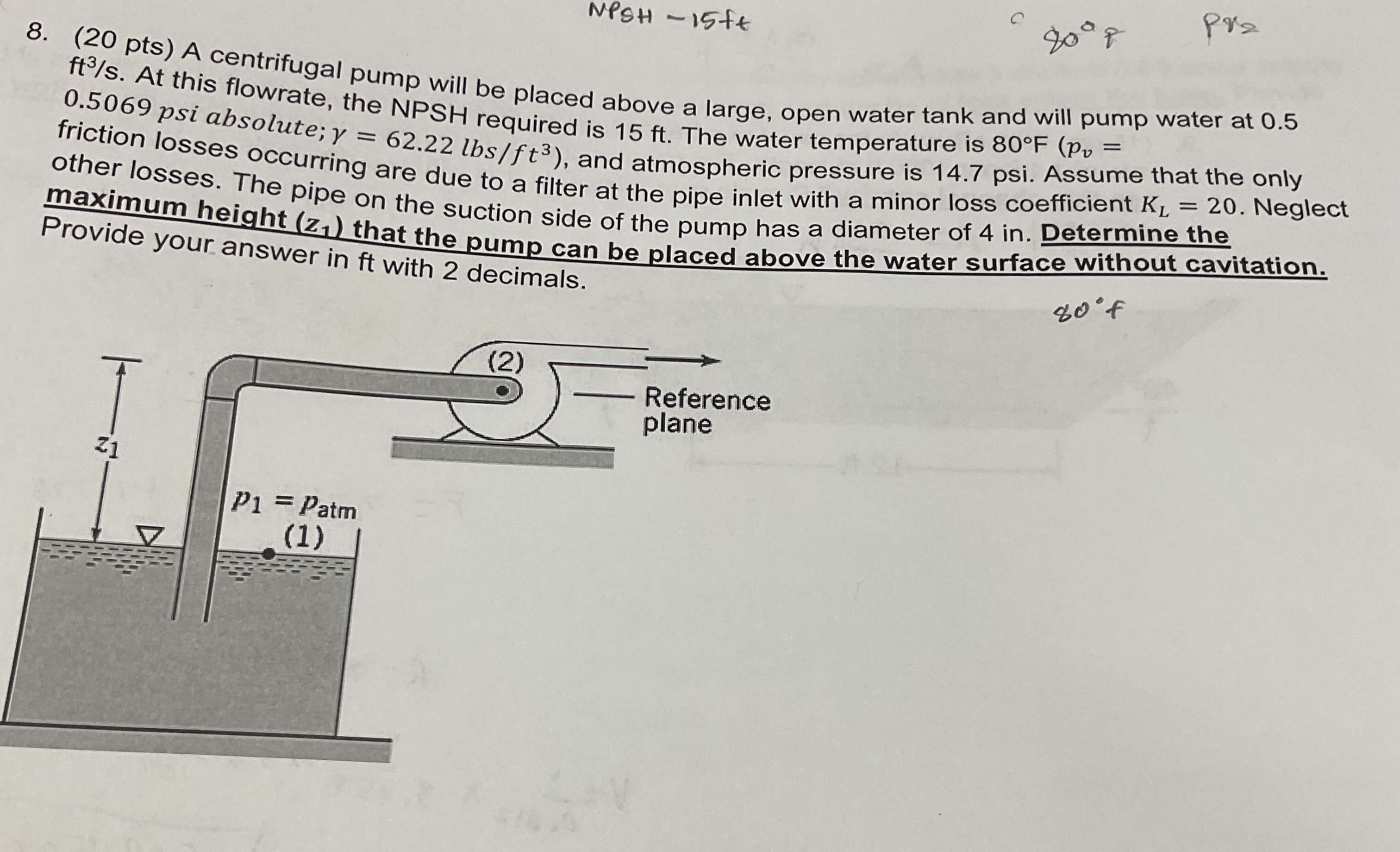 NPSH - 1 5 f t 8 . A centrifugal pump will be