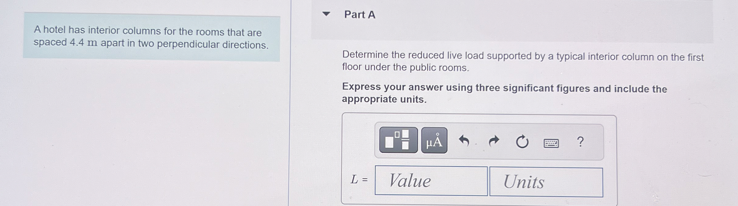 A hotel has interior columns for the rooms that