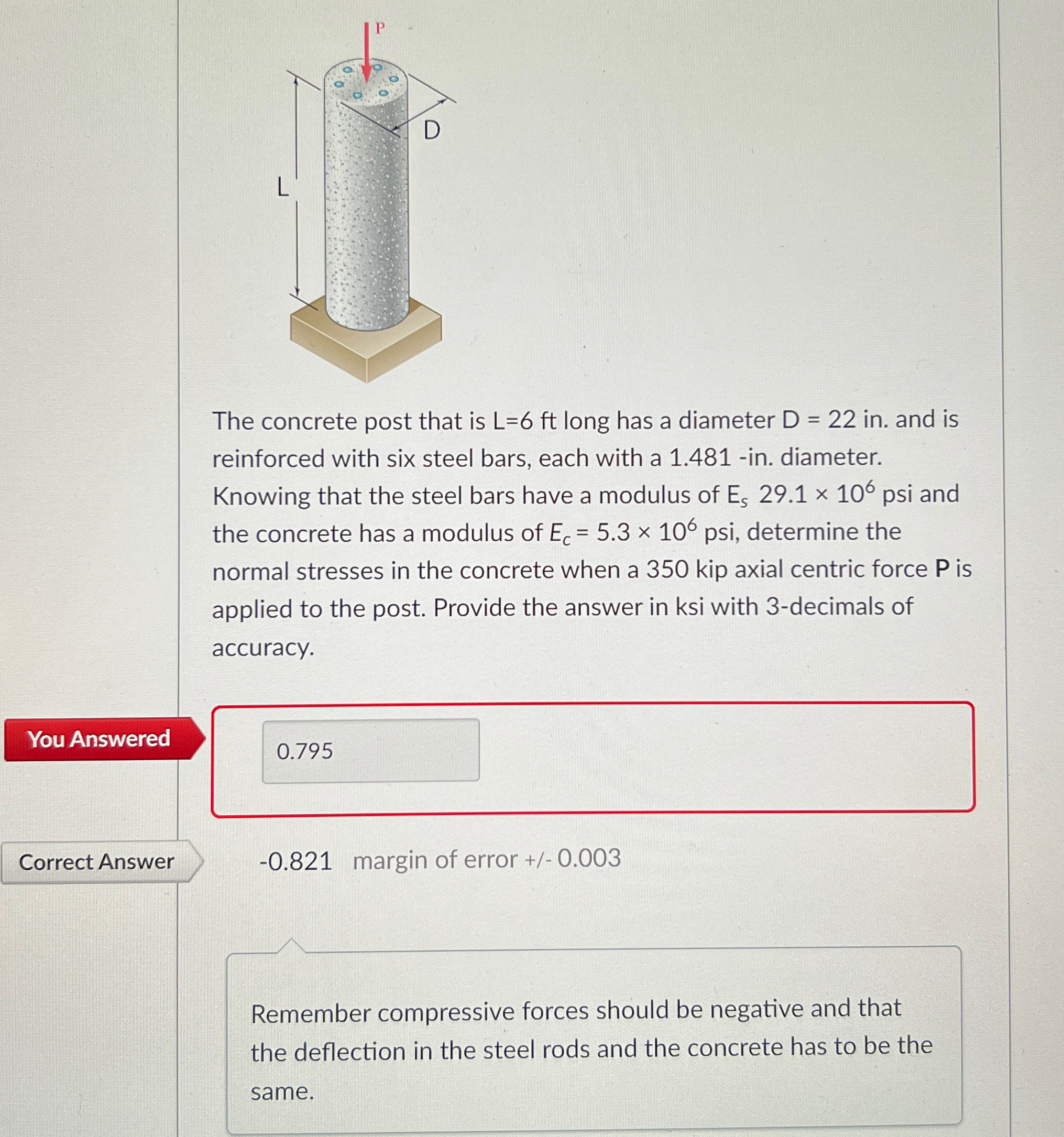 The concrete post that is L = 6 f t long has a