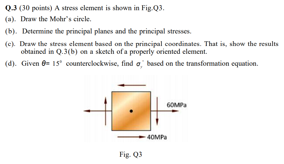 Q . 3 ( 3 0 points ) A stress element is shown in