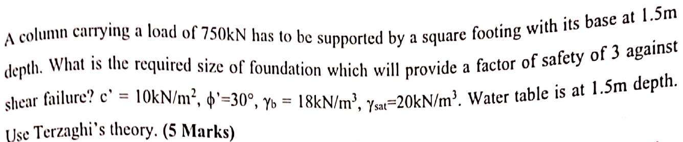 A column carrying a load of 7 5 0 kN has to be