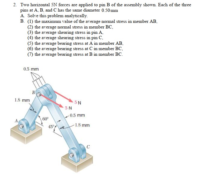 2 . Two horizontal 5 N forces are applied to pin