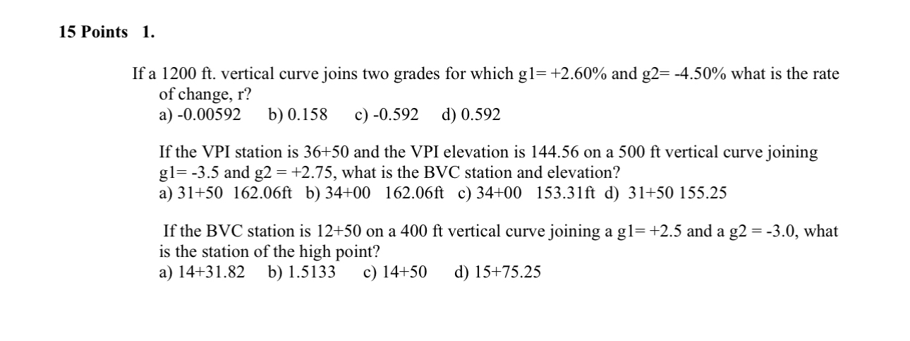 1 5 Points 1 . If a 1 2 0 0 f t . vertical curve
