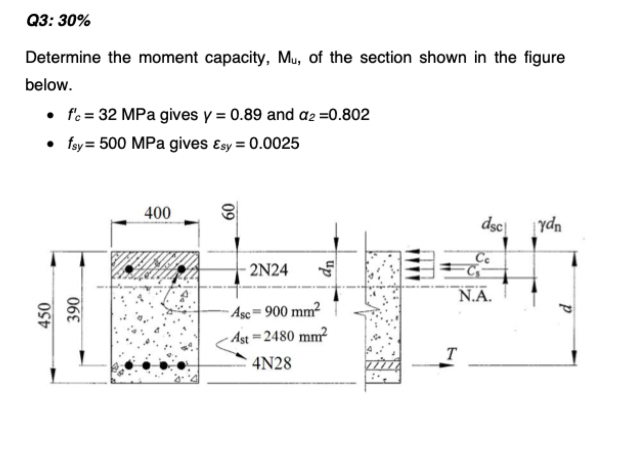 Q 3 : 3 0 % Determine the moment capacity, M u ,