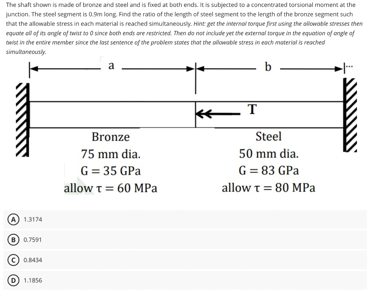 The shaft shown is made of bronze and steel and