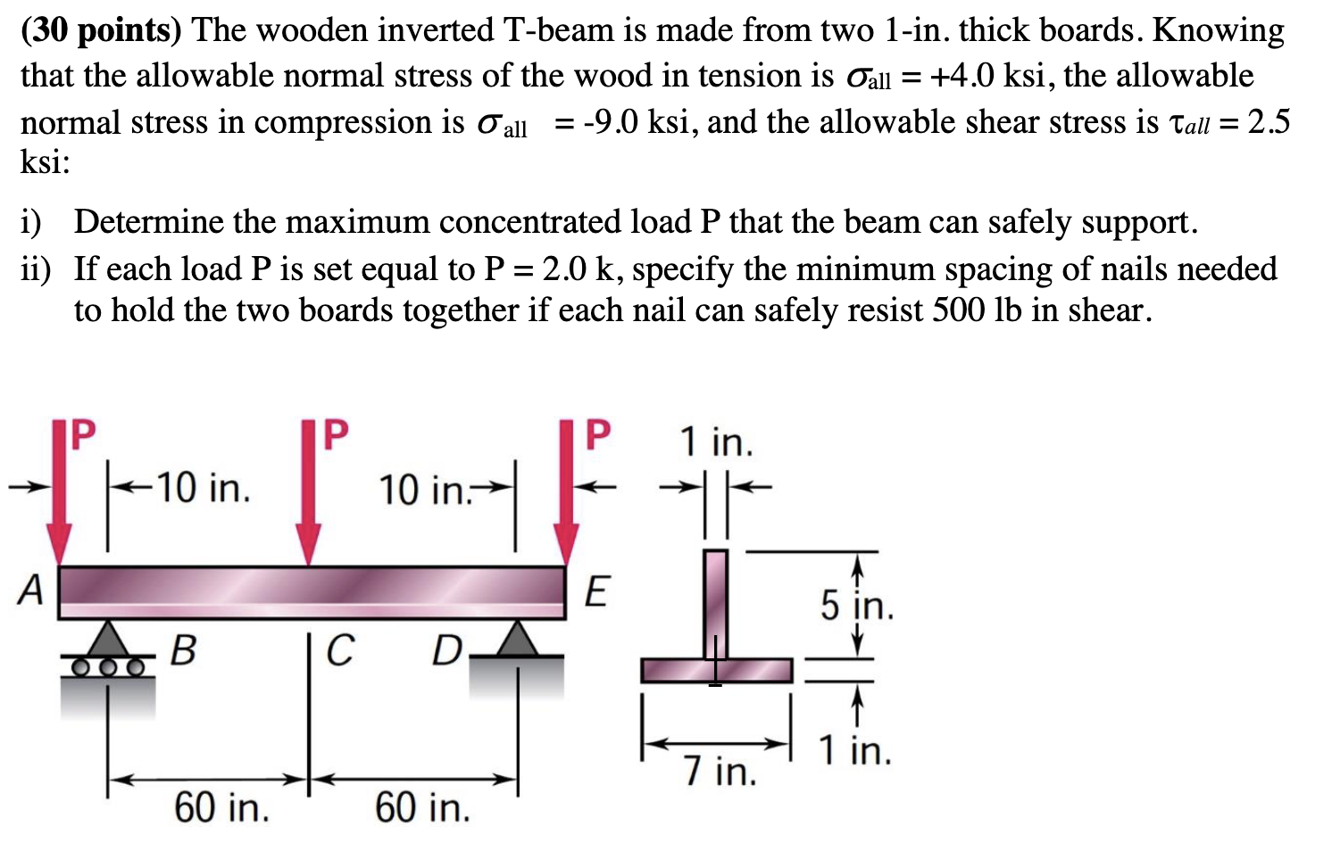 ( 3 0 points ) The wooden inverted T - beam is