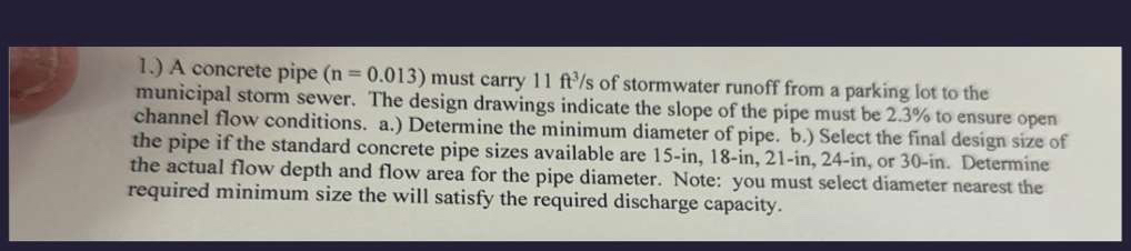1 . ) A concrete pipe ( n = 0 . 0 1 3 ) must