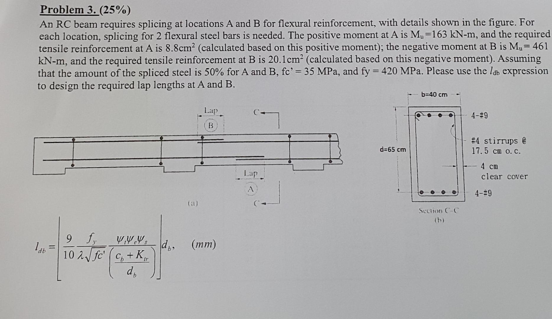 reinforced concrete class Problem 3 . ( 2 5 % )