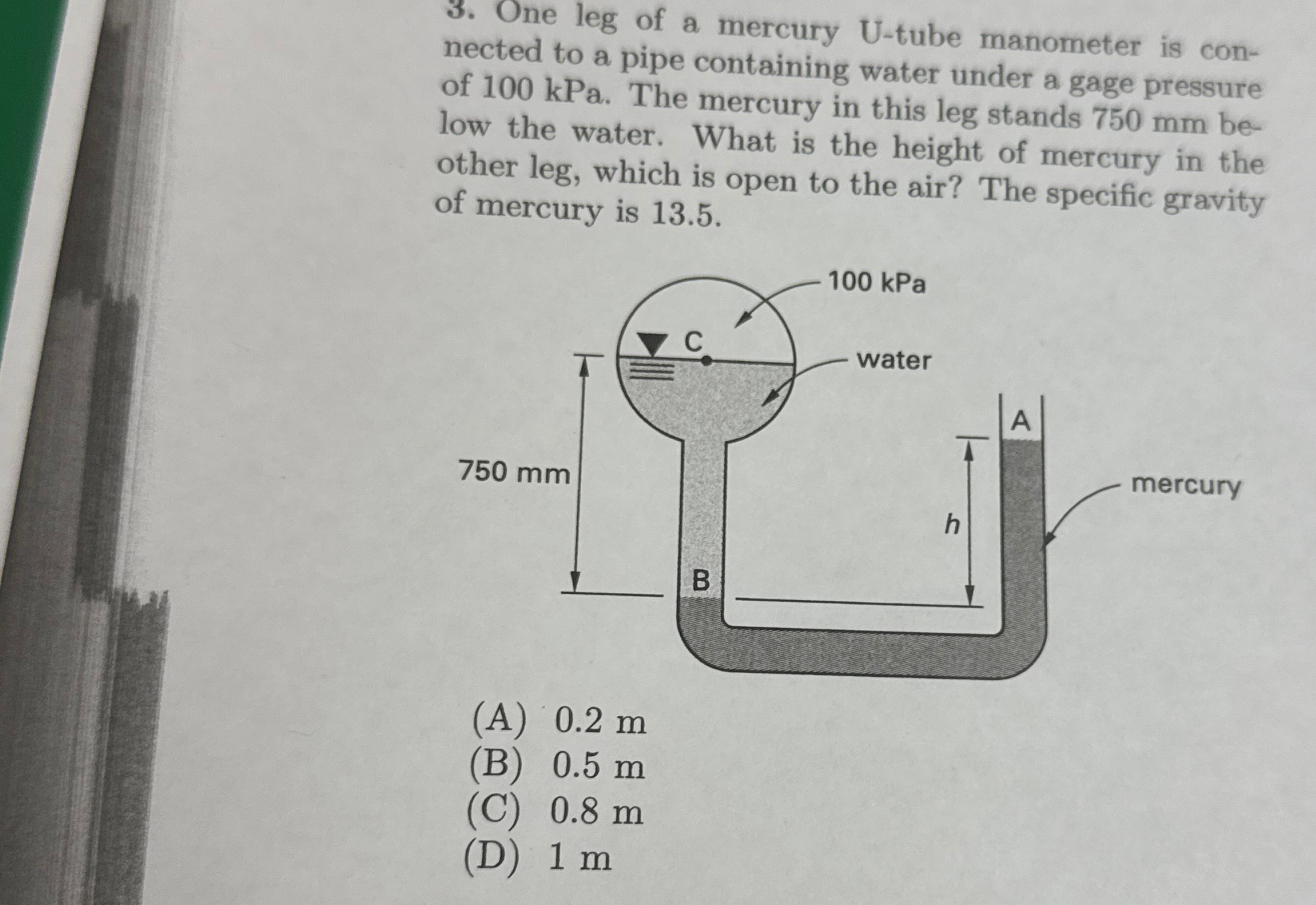 One leg of a mercury U - tube manometer is