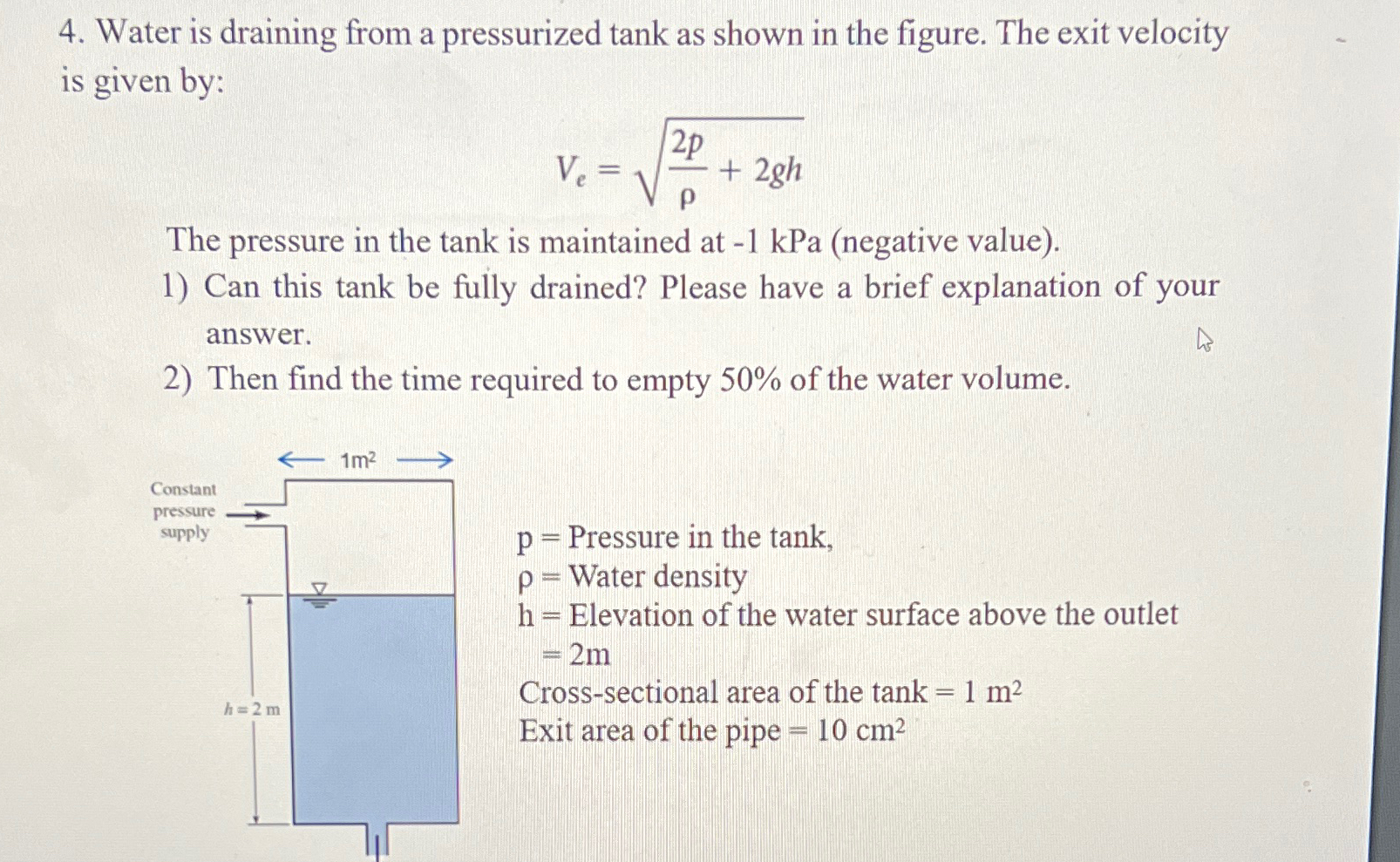 Water is draining from a pressurized tank as
