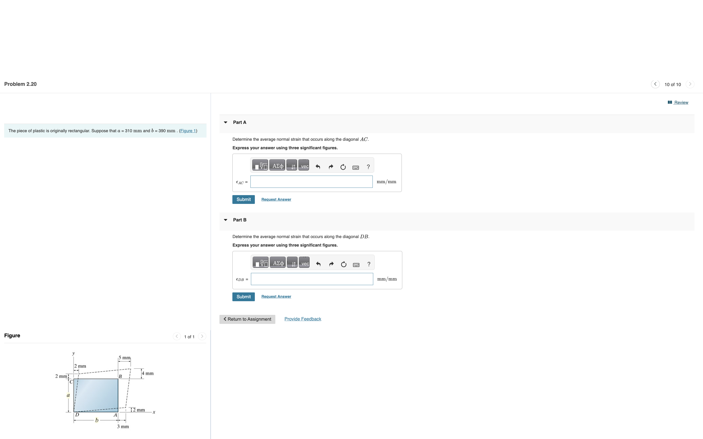 Determine the average normal strain that occurs