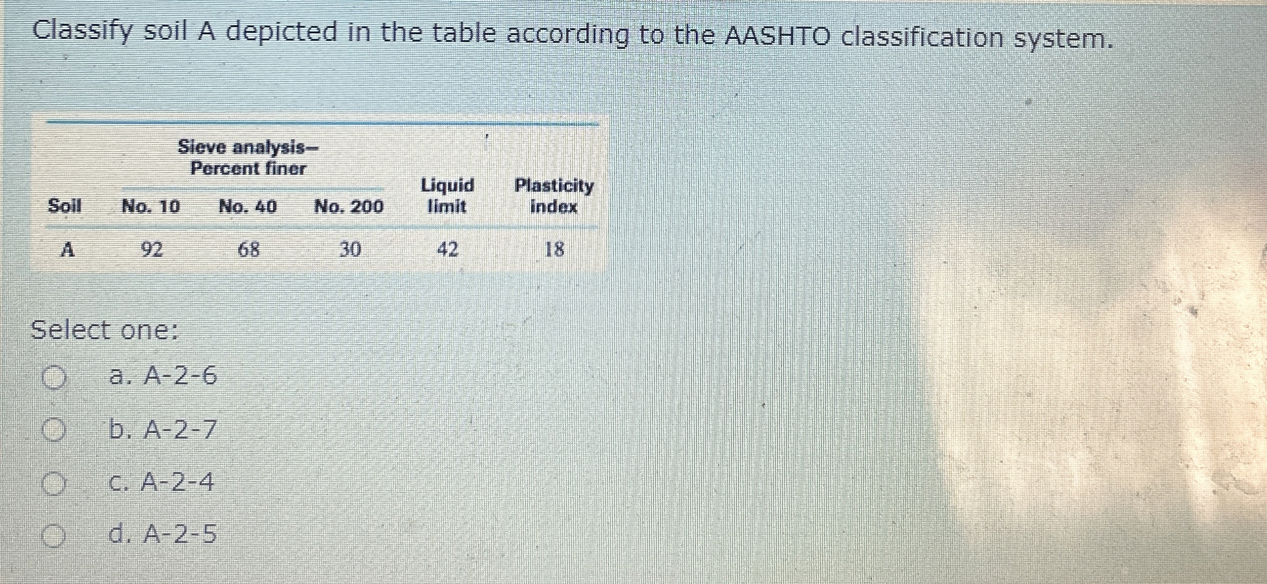 Classify soil A depicted in the table according