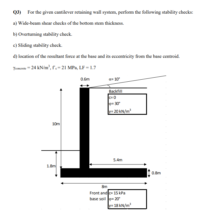 Q 3 ) For the given cantilever retaining wall