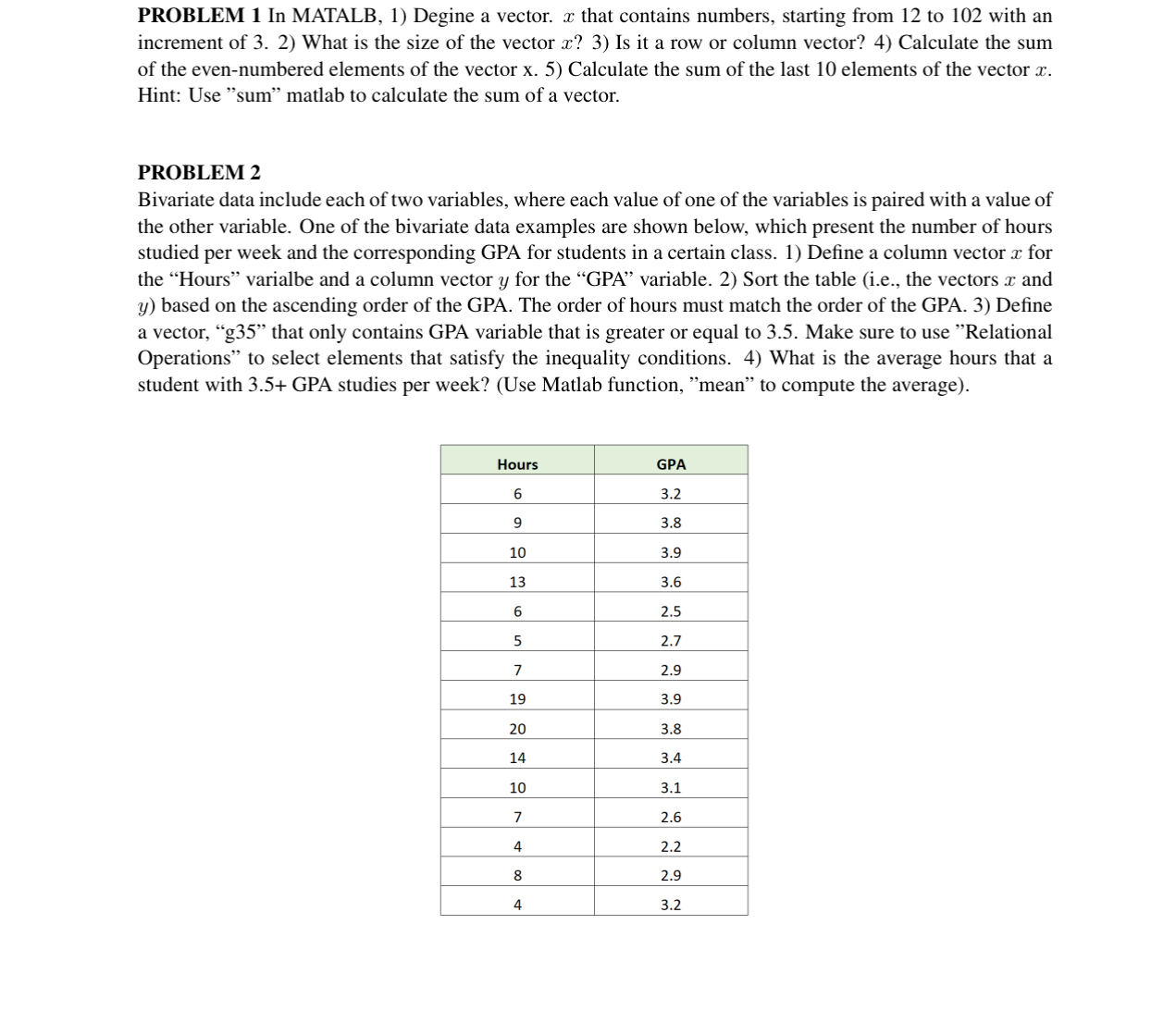 PROBLEM 1 In MATALB, 1 ) Degine a vector. x that
