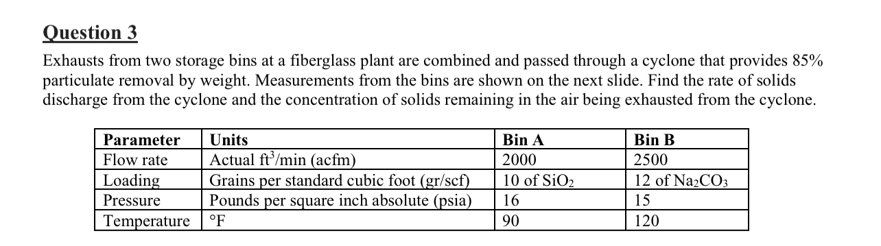 Question 3 Exhausts from two storage bins at a
