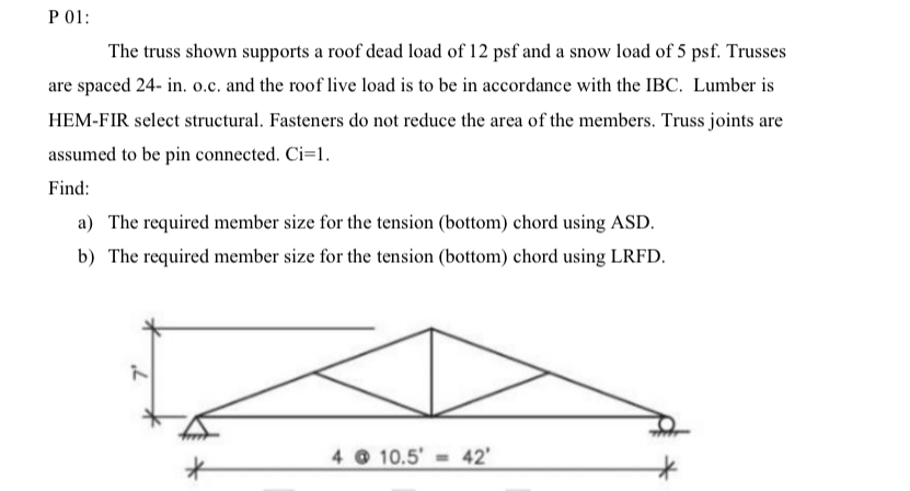 P 0 1 : The truss shown supports a roof dead load
