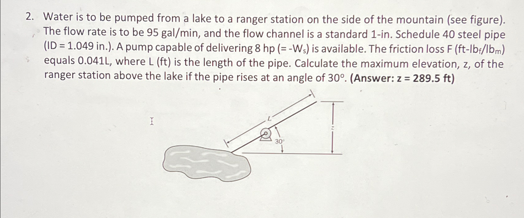 Water is to be pumped from a lake to a ranger