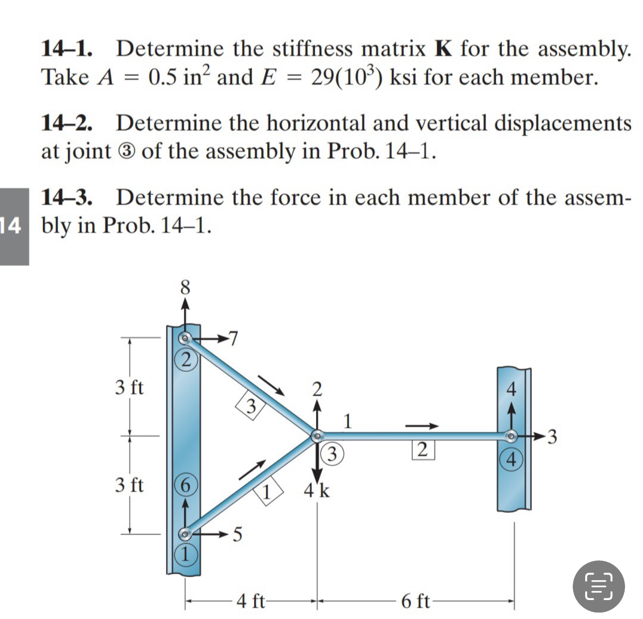 1 4 - 1 . Determine the stiffness matrix K for