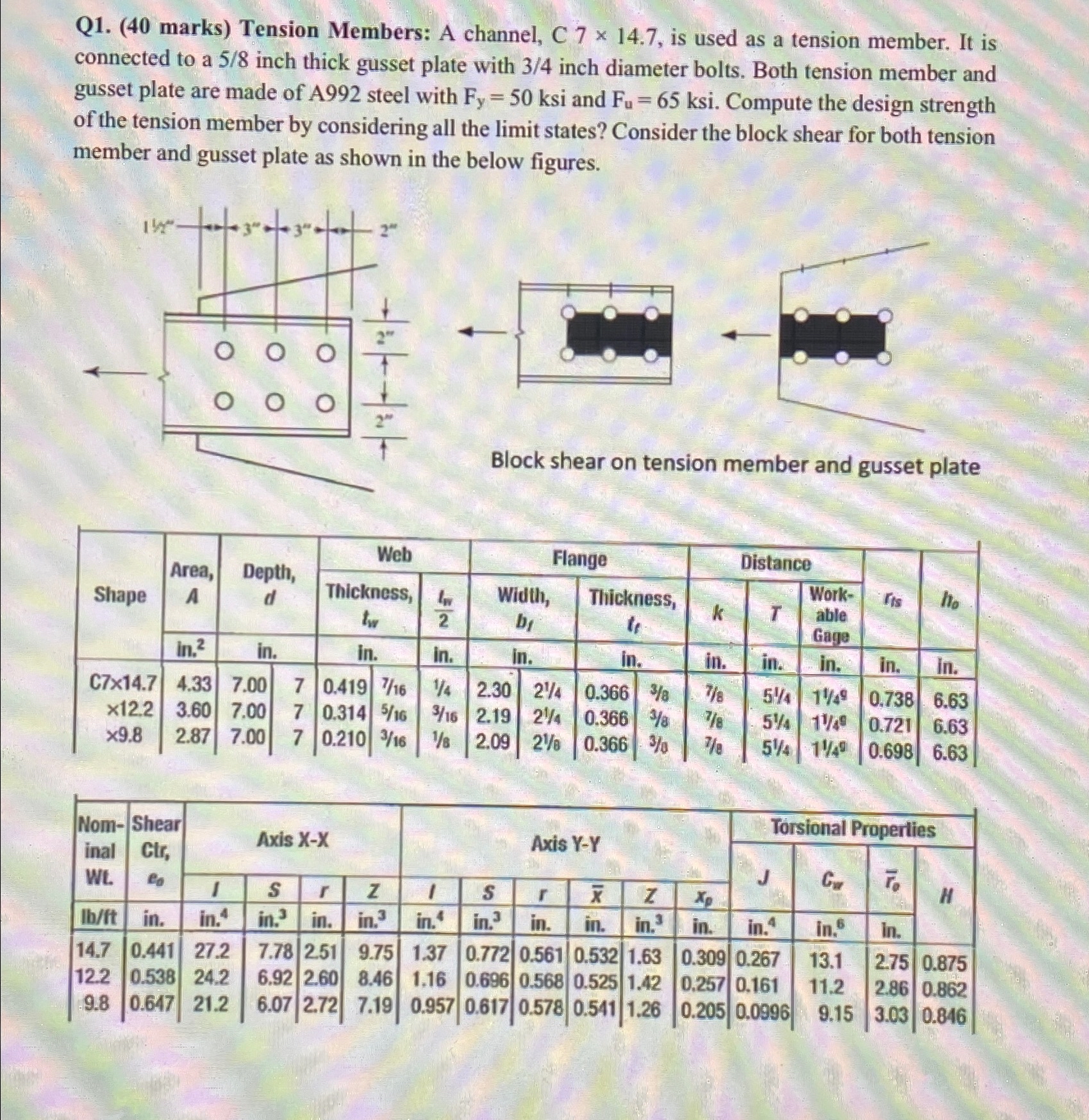 Q 1 . ( 4 0 marks ) Tension Members: A channel, C