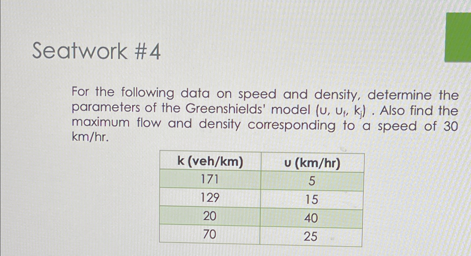Seatwork # 4 For the following data on speed and