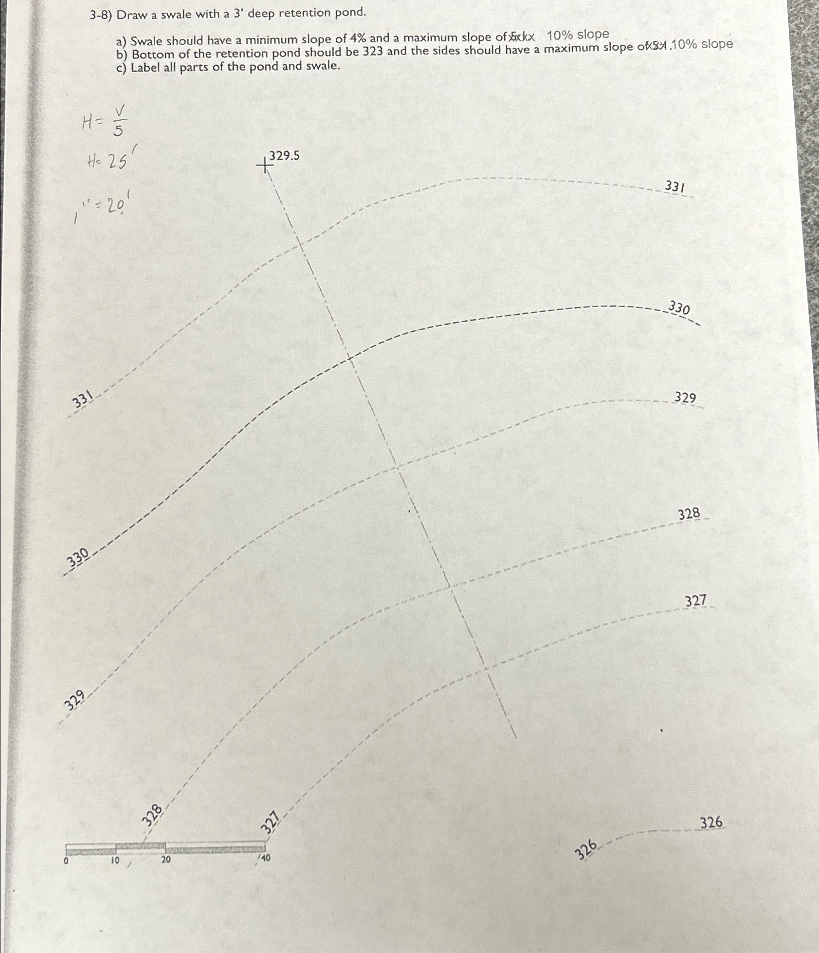 3 - 8 ) Draw a swale with a 3 ' deep retention