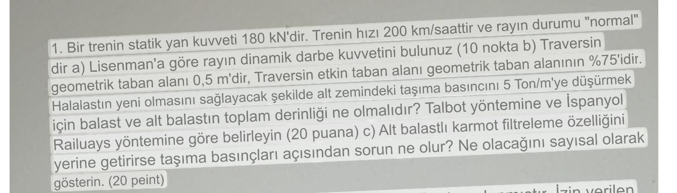 Bir trenin statik yan kuvveti 1 8 0 kN'dir.