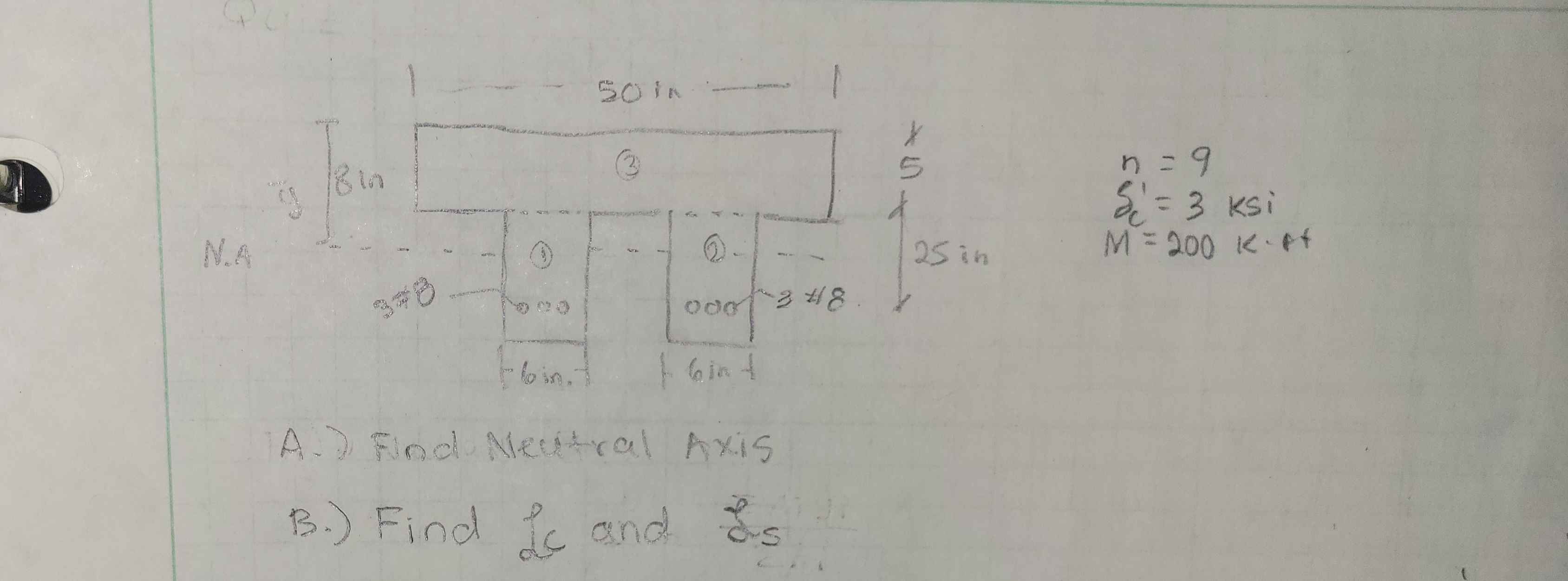 A . ) Find Neutral Axis B . ) Find fc and fs