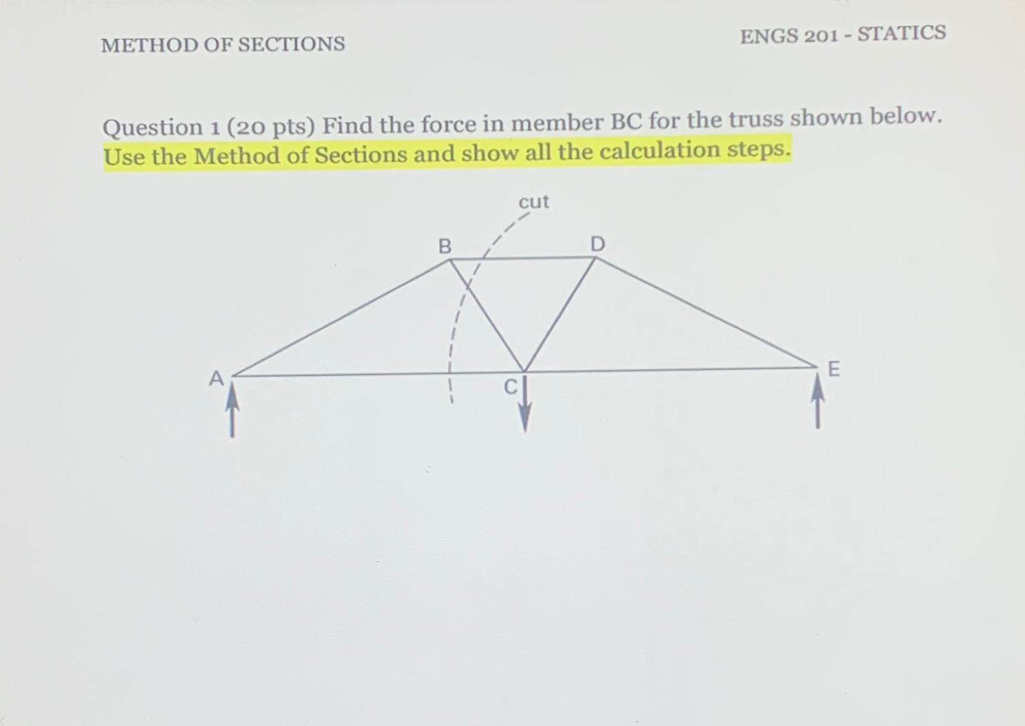 METHOD OF SECTIONS ENGS 2 0 1 - STATICS Question