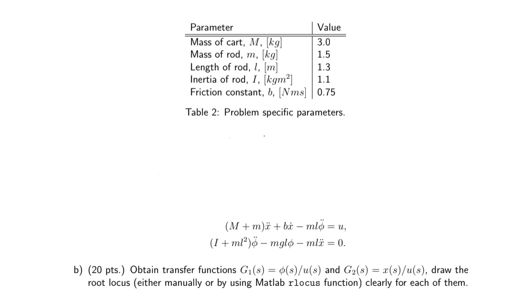 \ table [ [ Parameter , Value ] , [ Mass of cart,