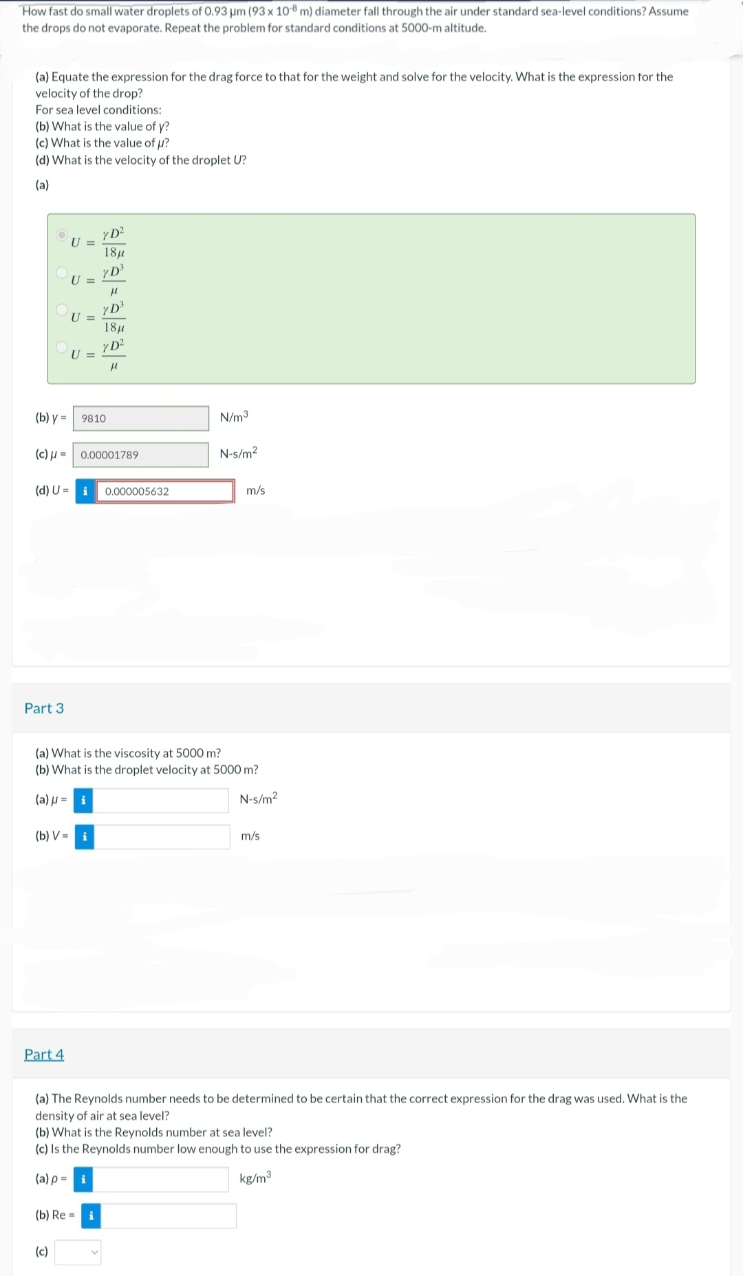 How fast do small water droplets of 0 . 9 3 m ( 9