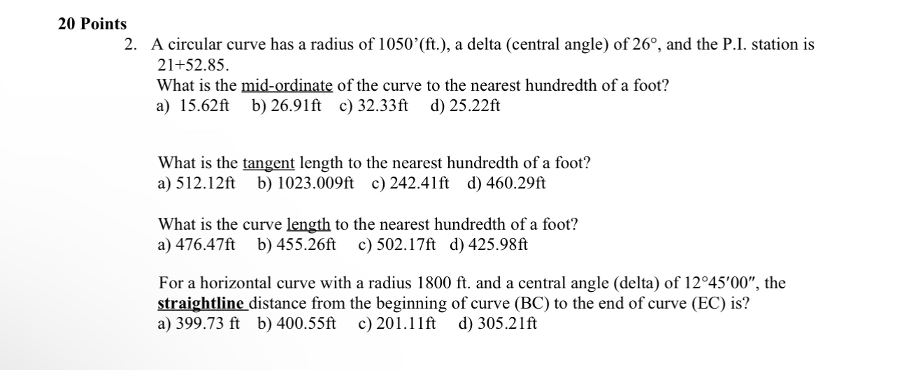 2 0 Points 2 . A circular curve has a radius of 1