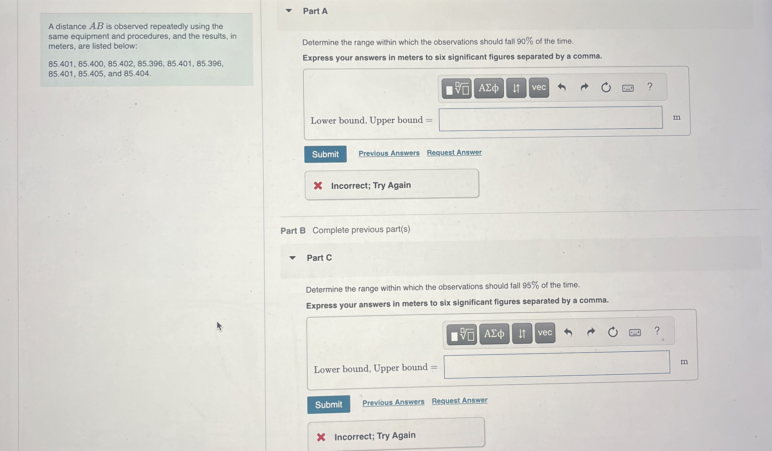 A distance A B is observed repeatedly using the