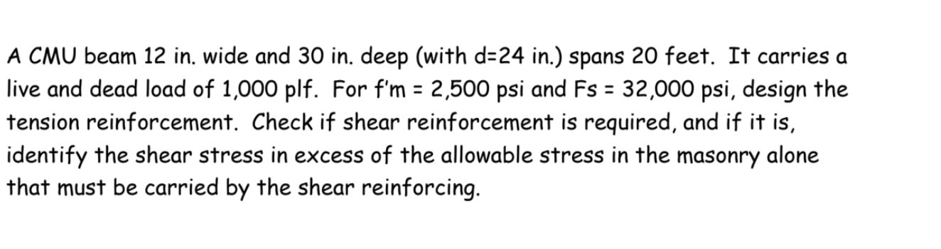 A CMU beam 1 2 in . wide and 3 0 in . deep ( with