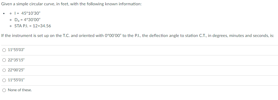 Given a simple circular curve, in feet, with the