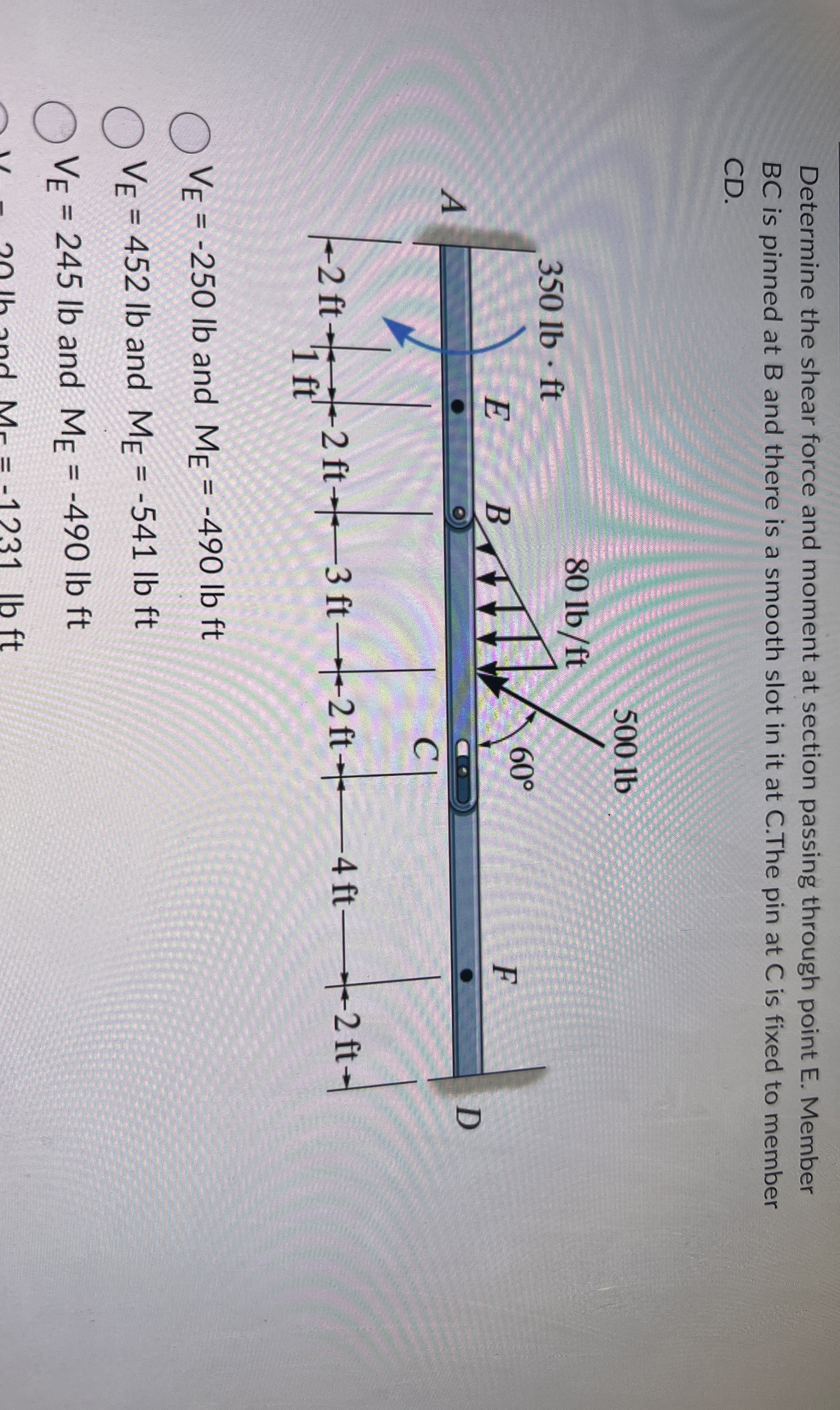 Determine the shear force and moment at section