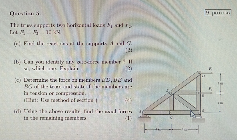 Question 5 . 9 points The truss supports two